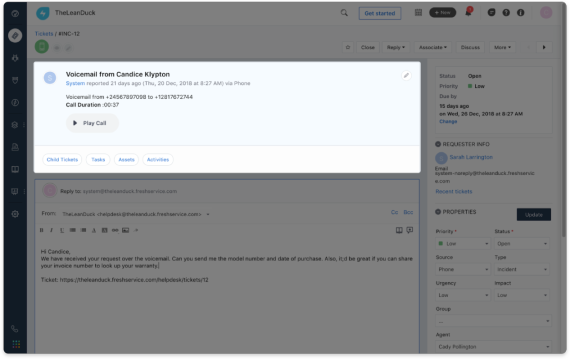 Missed calls and voicemails saved as tickets