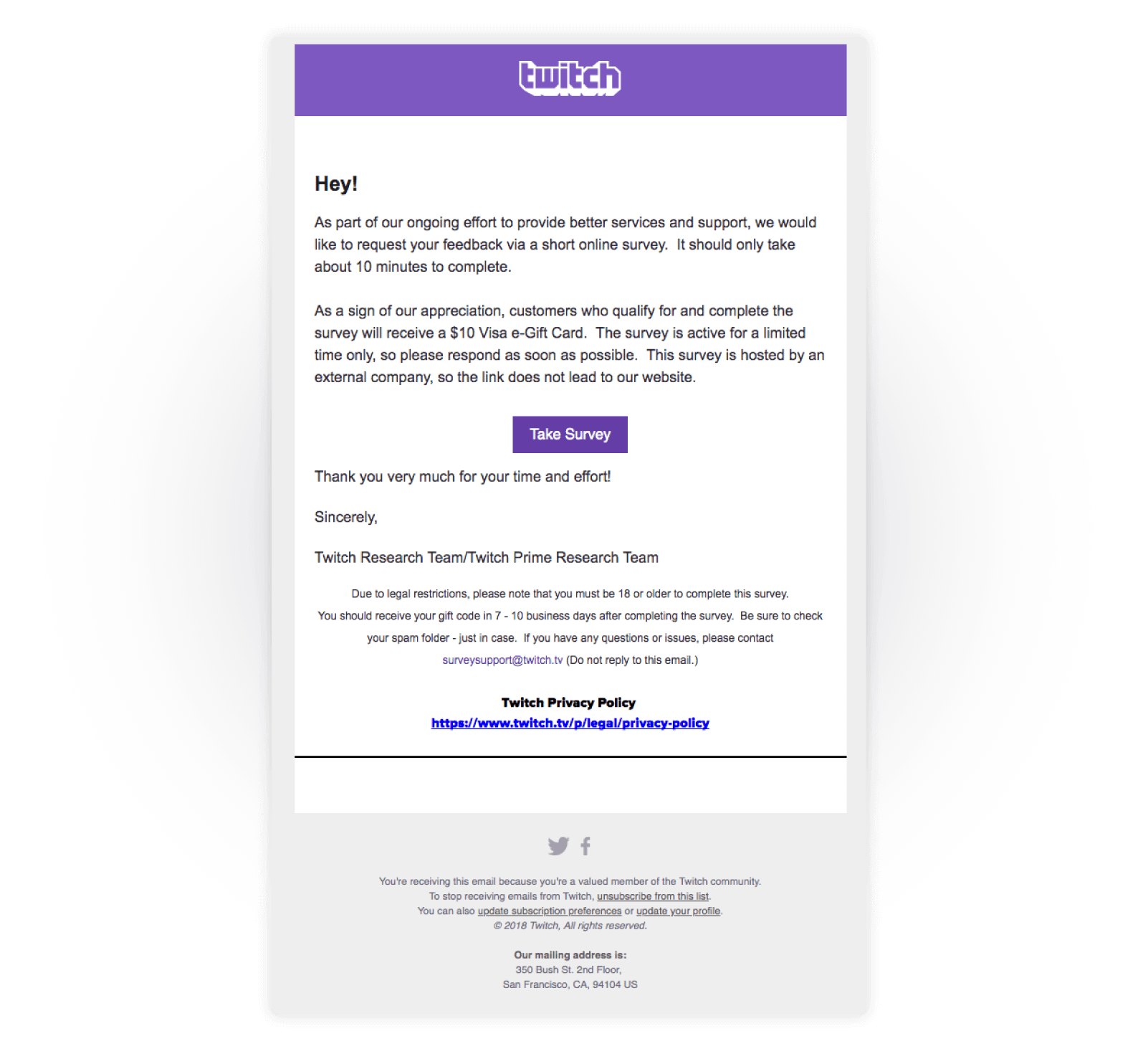 Email de feedback da Twitch
