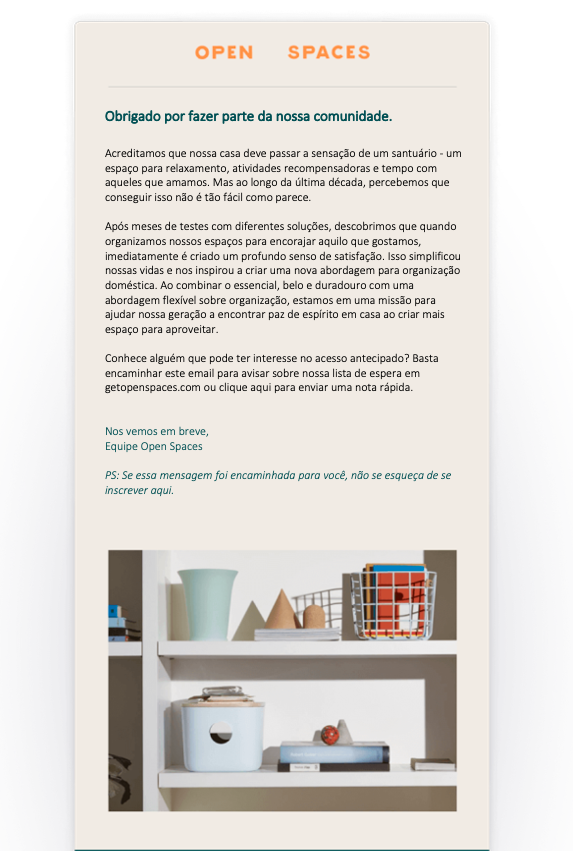 Email de boas-vindas da Open Spaces