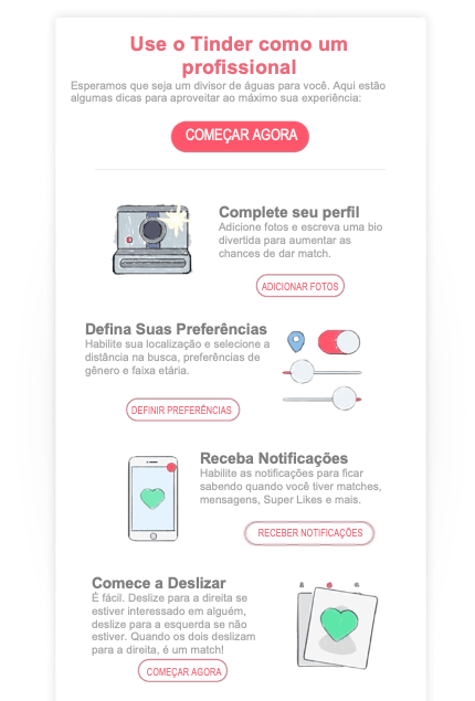exemplo de email de boas-vindas para clientes do Tinder