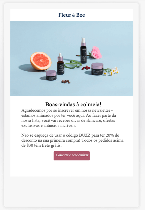 Email de boas-vindas com oferta da Fleur & Bee