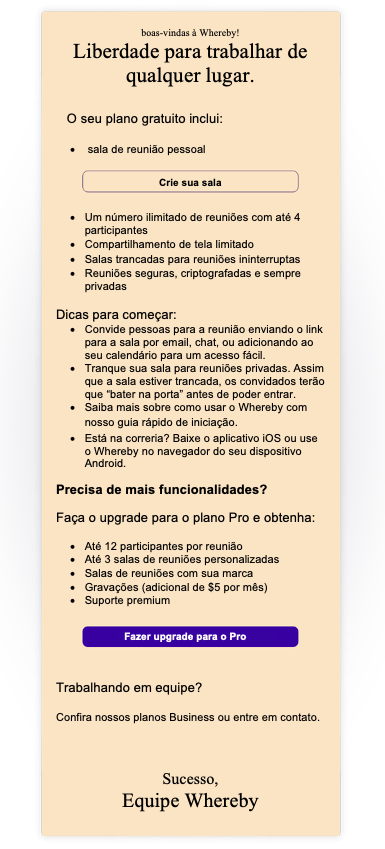 exemplo de email de boas-vindas para clientes da Whereby