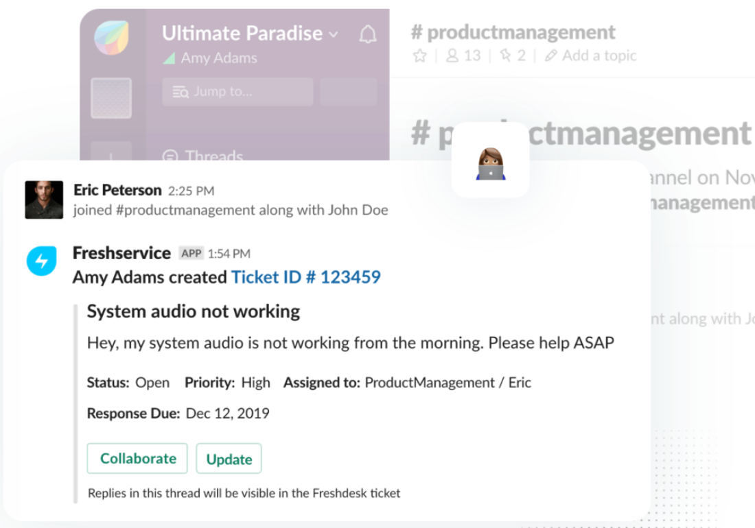 Freshservice Slack Integartion Chat example