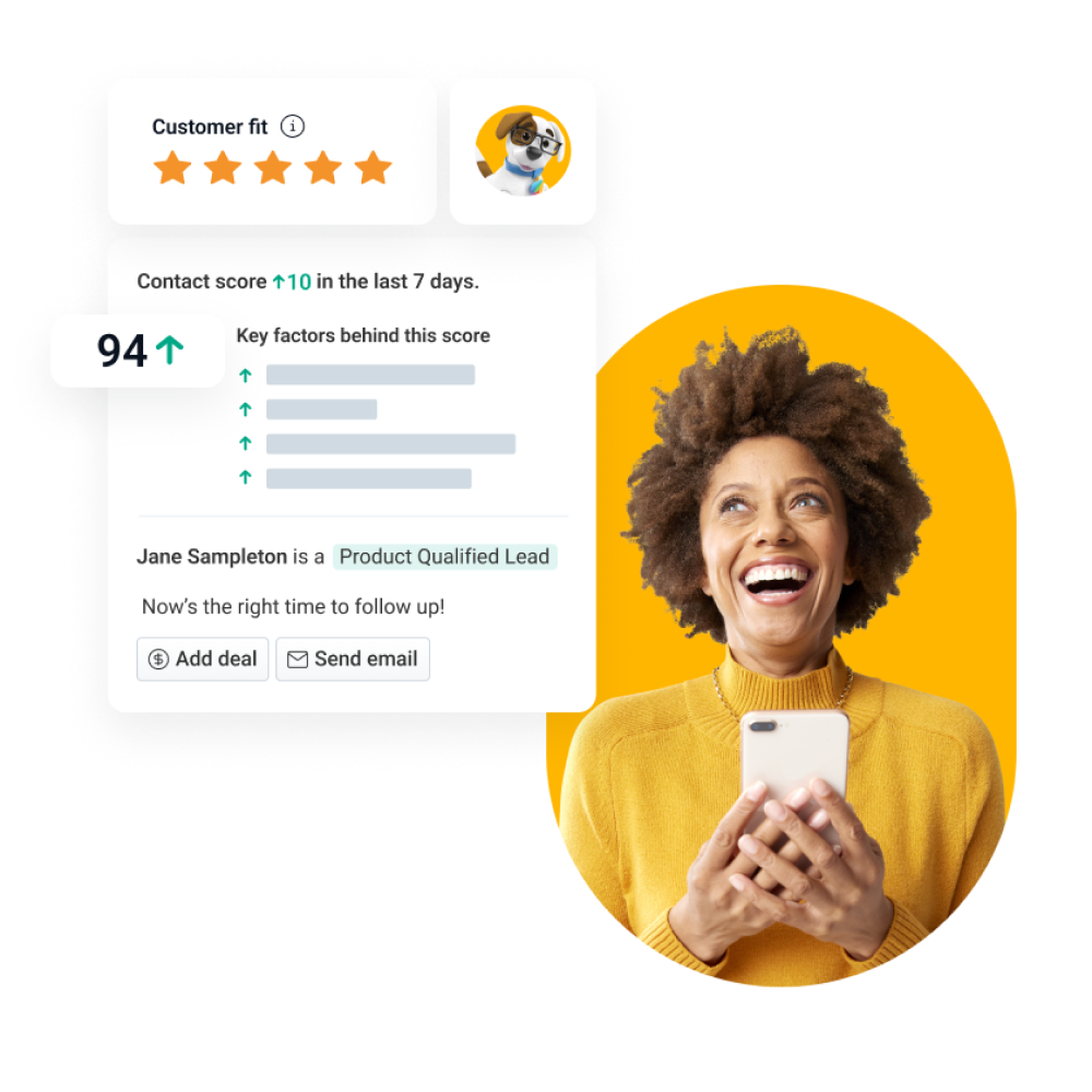 Girl-with-phone-in-hand-with-contact-score-widget-yellow-background